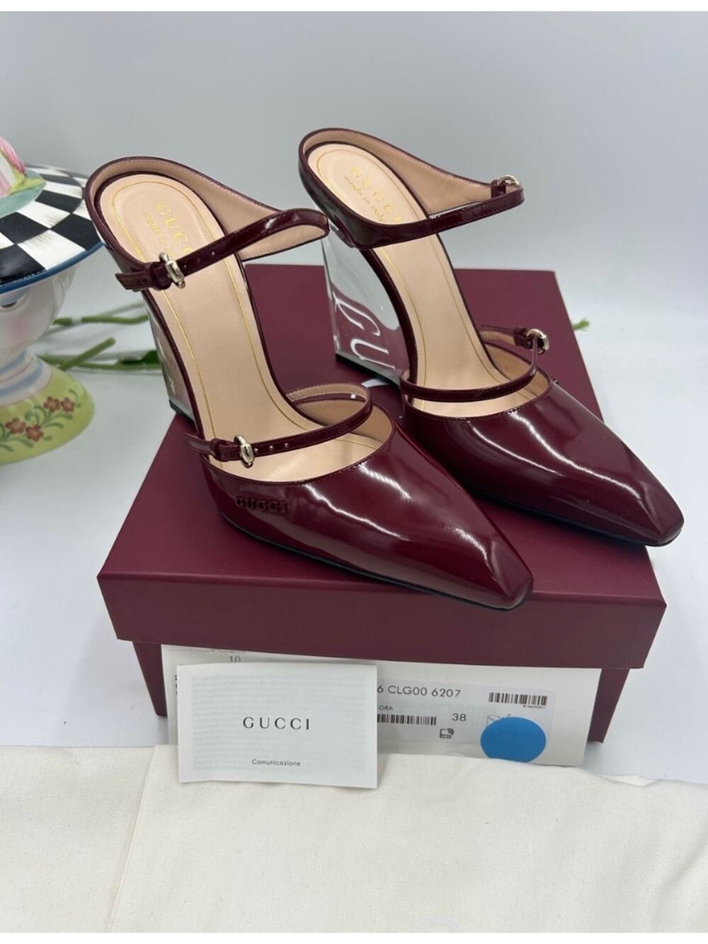 Women's Gucci calf skin Rosso wedge mules size 38 made in Italy - Picture 1 of 14